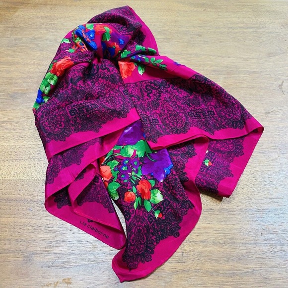 Vintage Silk Liz Claiborne Square Scarf Lace Print & Floral Design Gem Tones 90s - Picture 12 of 12